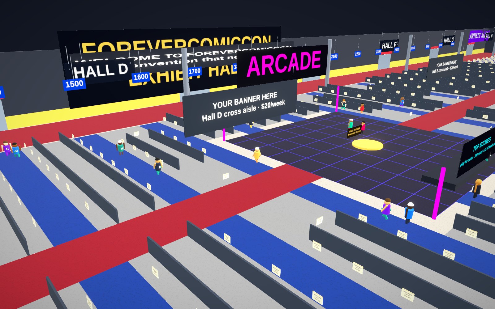 The show floor: Headliner Row, island spaces, hanging banners and the arcade in the middle of the hall